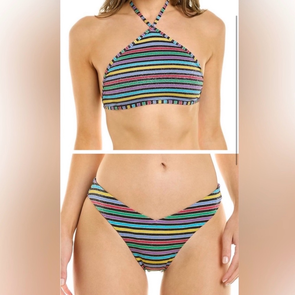 WEWOREWHAT Lurex Stripe High Neck Bikini Top and Delilah Bottoms Size M NWT